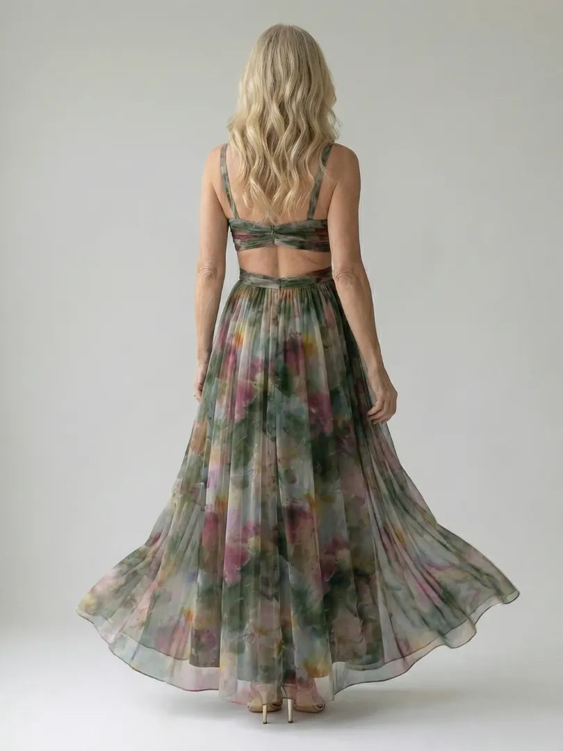 Women's Floral Sleeveless Maxi Wedding Guest Dress with V-Neck