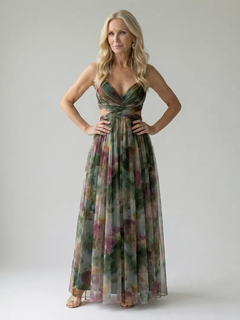 Women's Floral Sleeveless Maxi Wedding Guest Dress with V-Neck