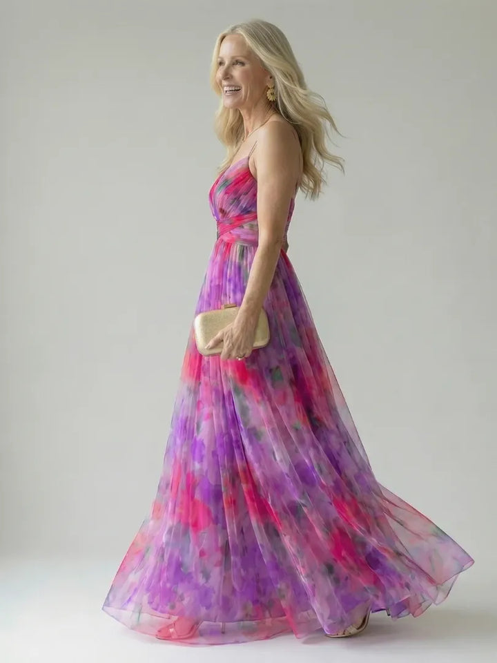 Women's Floral Sleeveless Maxi Wedding Guest Dress with V-Neck