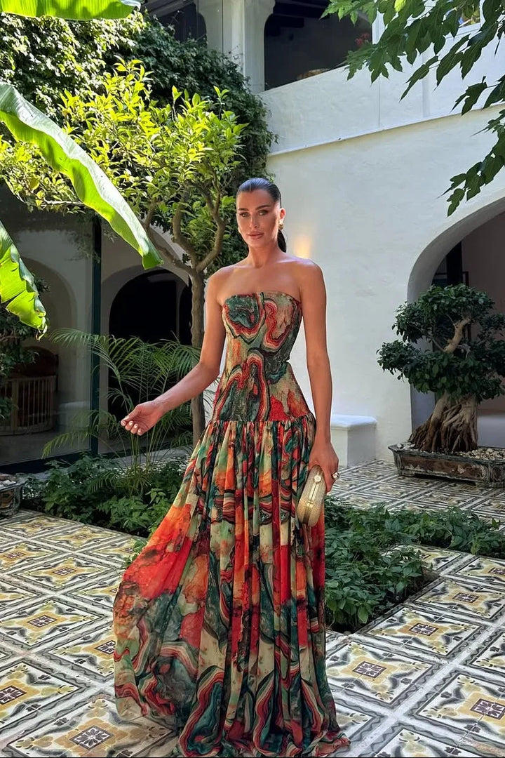 Women's Marble Print Strapless Maxi Wedding Guest Dress with Pleated Details