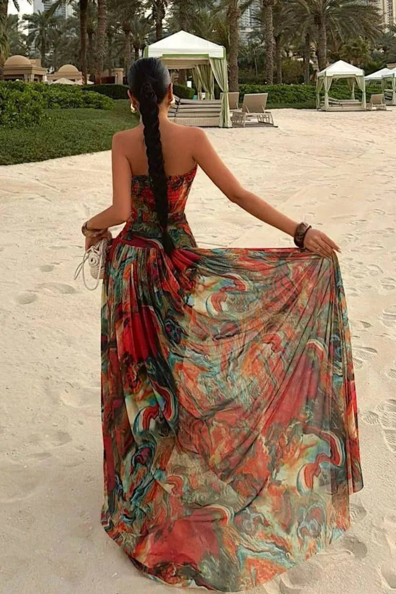 Women's Marble Print Strapless Maxi Wedding Guest Dress with Pleated Details