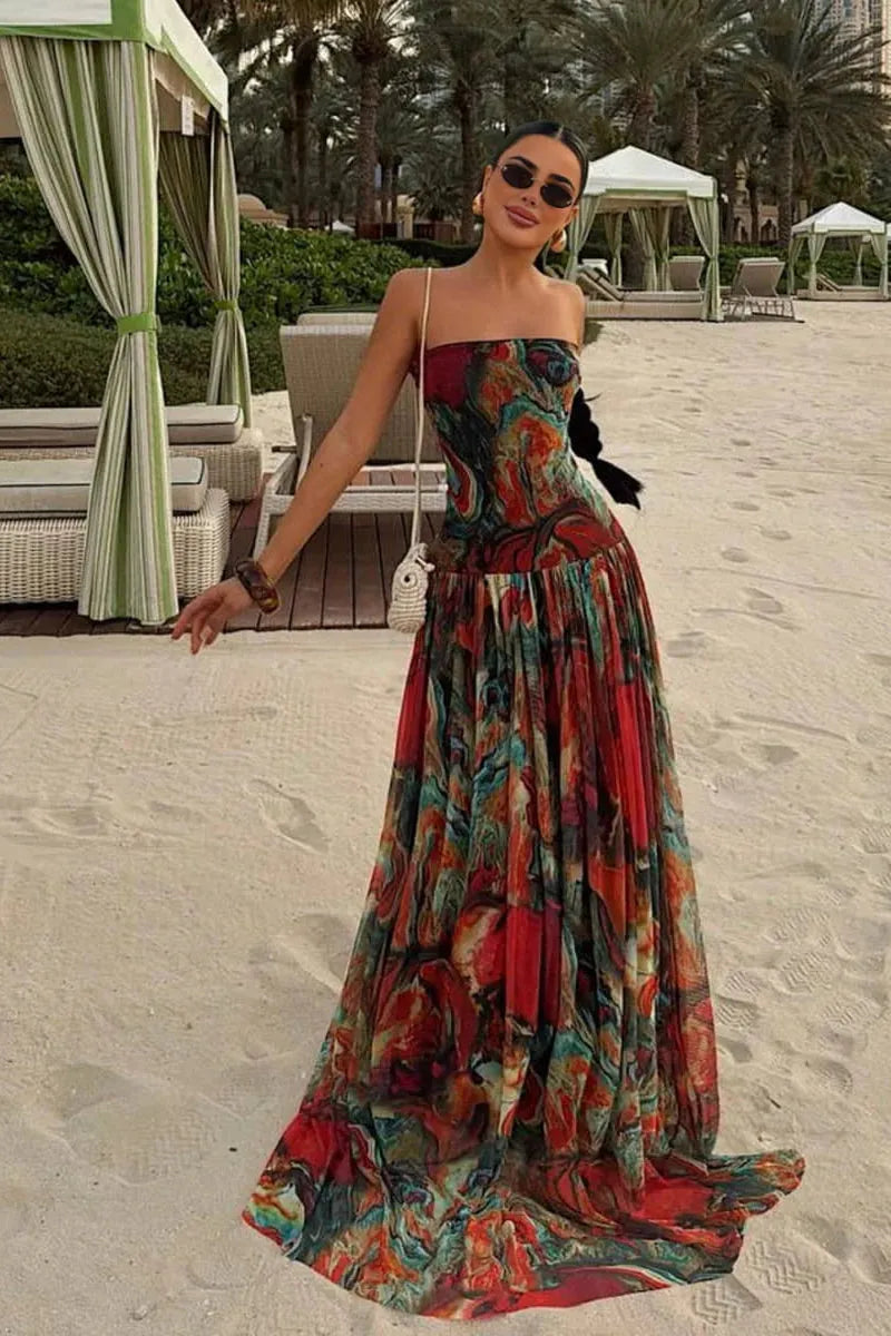 Women's Marble Print Strapless Maxi Wedding Guest Dress with Pleated Details