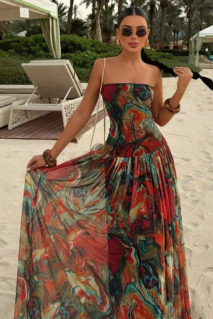 Women's Marble Print Strapless Maxi Wedding Guest Dress with Pleated Details
