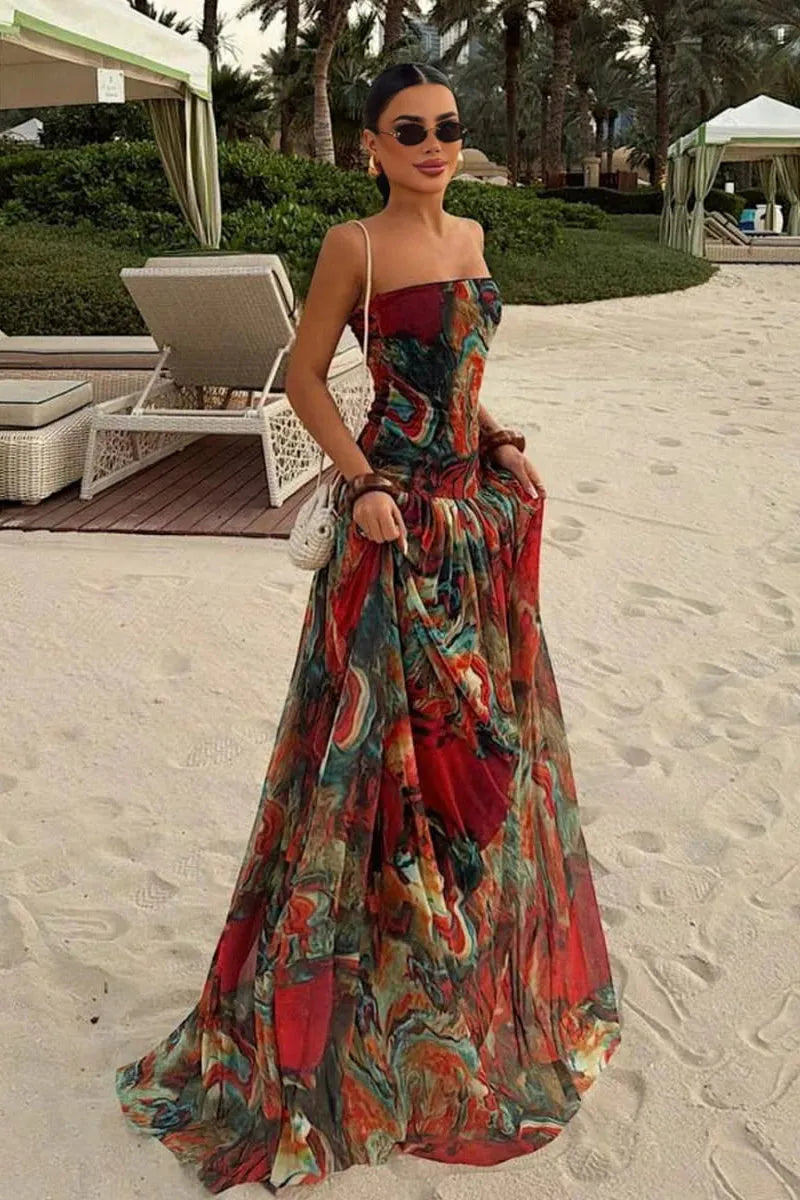 Women's Marble Print Strapless Maxi Wedding Guest Dress with Pleated Details