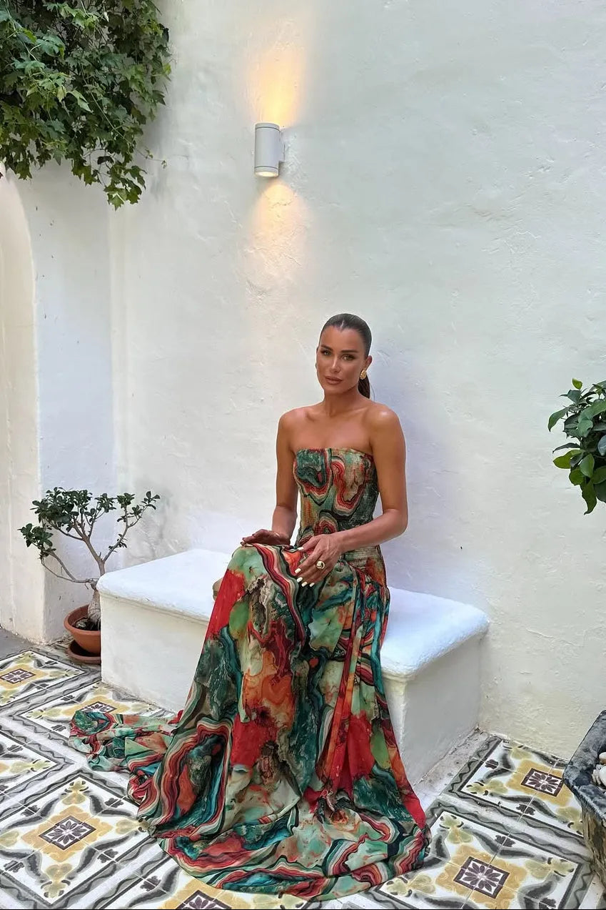 Women's Marble Print Strapless Maxi Wedding Guest Dress with Pleated Details