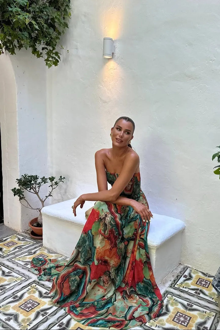 Women's Marble Print Strapless Maxi Wedding Guest Dress with Pleated Details