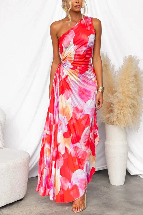 Women's Floral Summer Maxi Wedding Guest Dress with One Shoulder