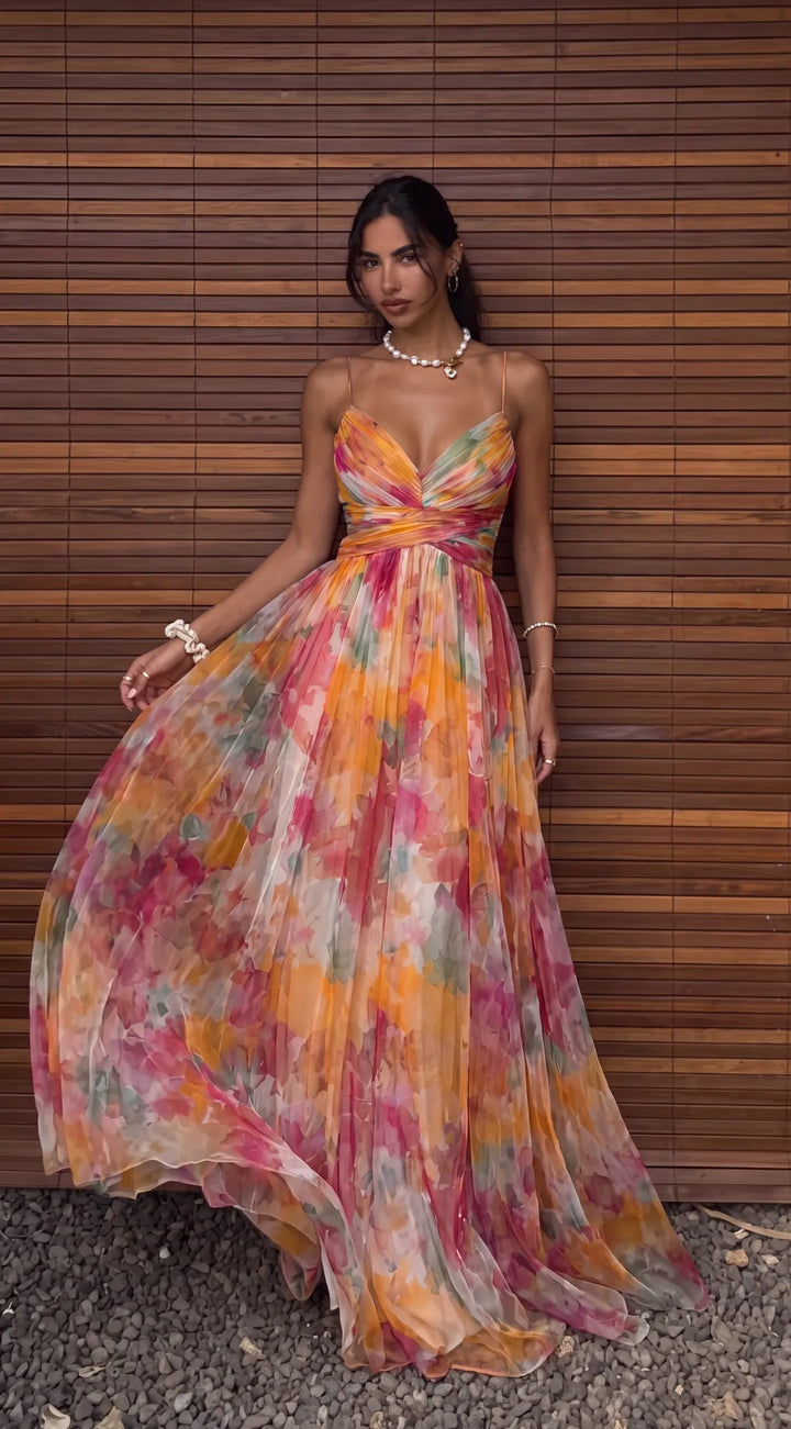 Women's Floral V-Neck Maxi Wedding Guest Dress with Open Back