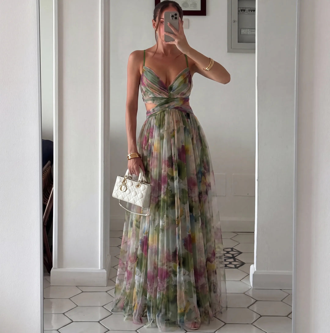 Women's Floral V-Neck Maxi Wedding Guest Dress with Open Back