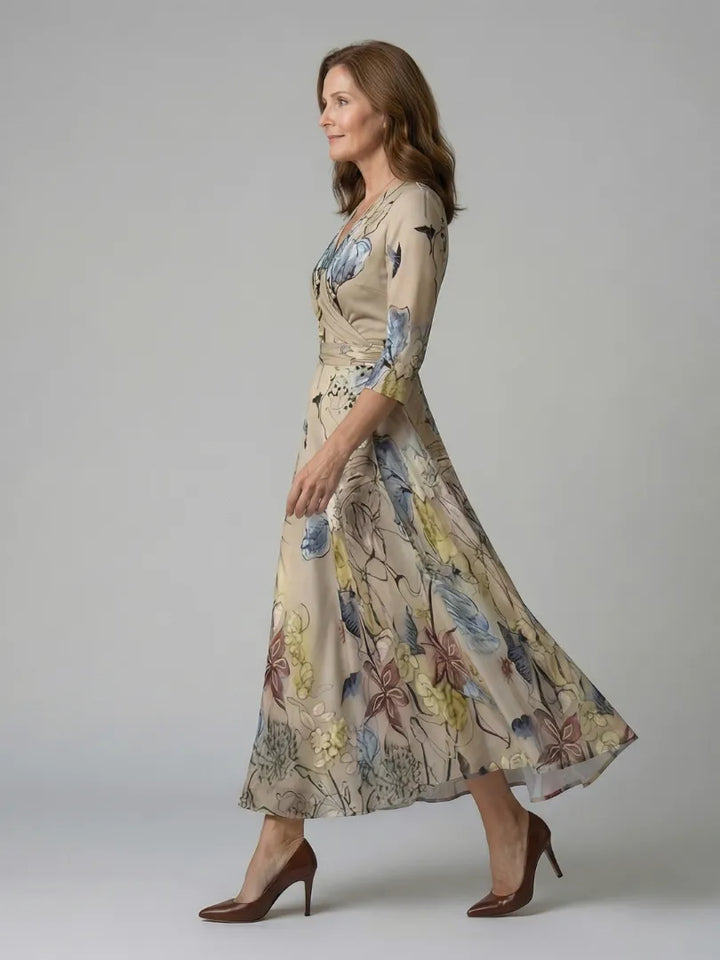 Women's Floral Wrap Maxi Wedding Guest Dress with V-Neck