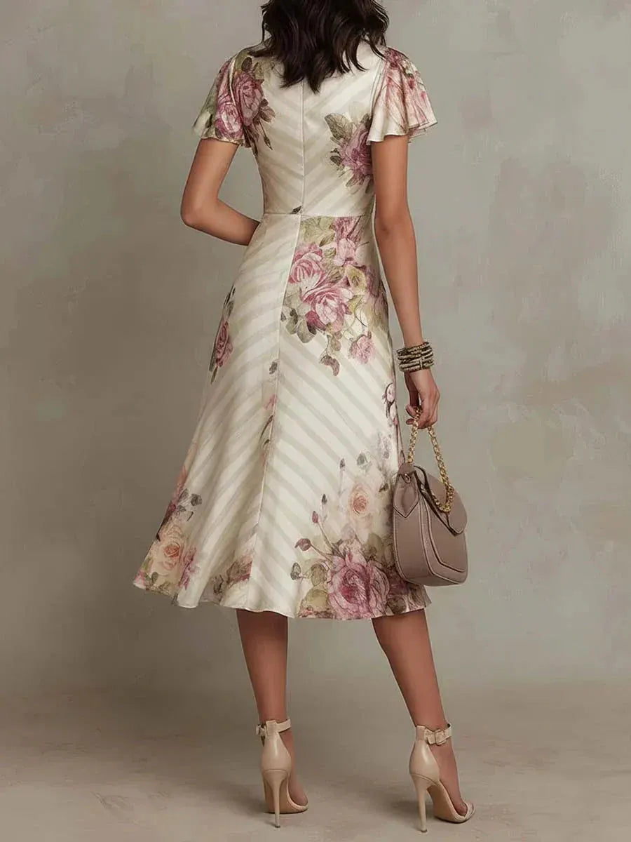 Women's Floral Wrap Midi Wedding Guest Dress with Ruched