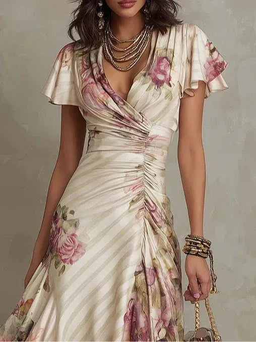 Women's Floral Wrap Midi Wedding Guest Dress with Ruched