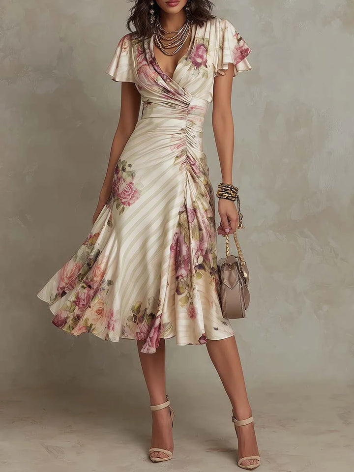 Women's Floral Wrap Midi Wedding Guest Dress with Ruched