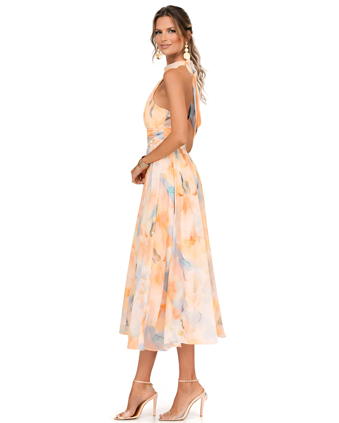 Women's Flowy Elegant Maxi Wedding Guest Dress with Halter Neck