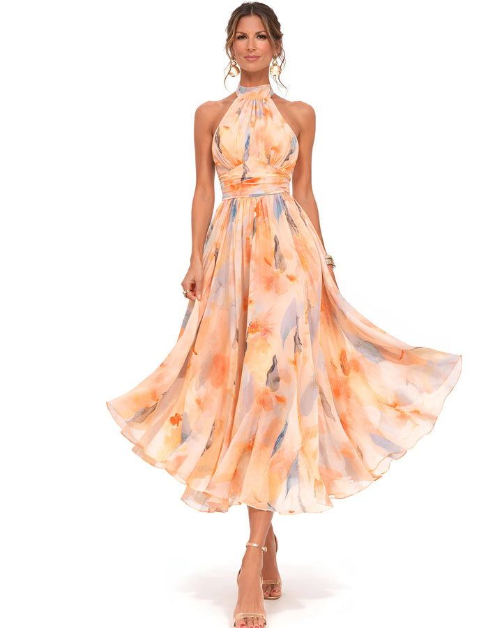 Women's Flowy Elegant Maxi Wedding Guest Dress with Halter Neck