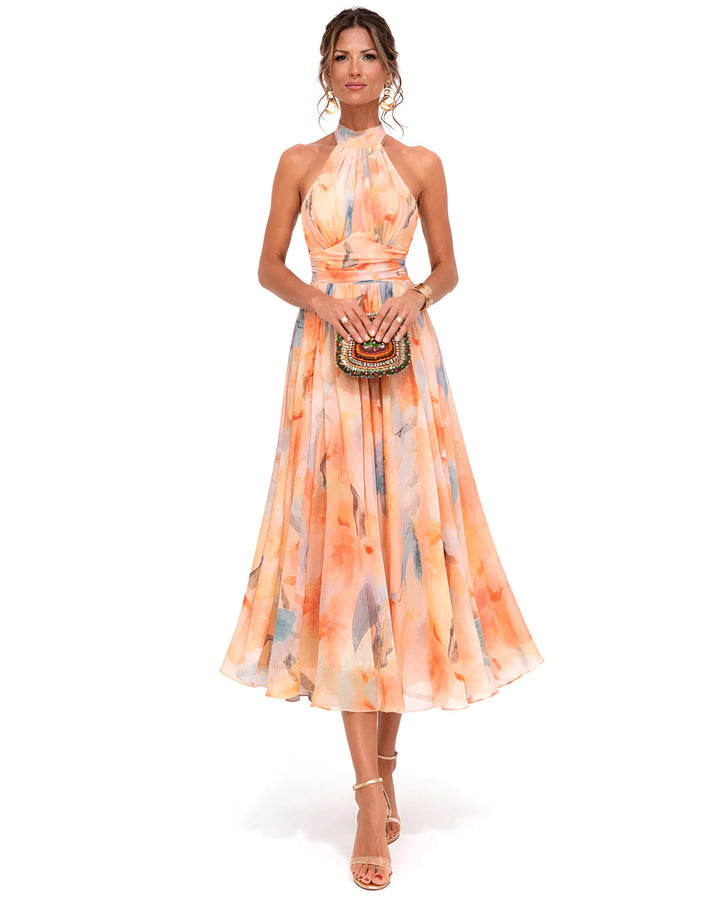 Women's Flowy Elegant Maxi Wedding Guest Dress with Halter Neck