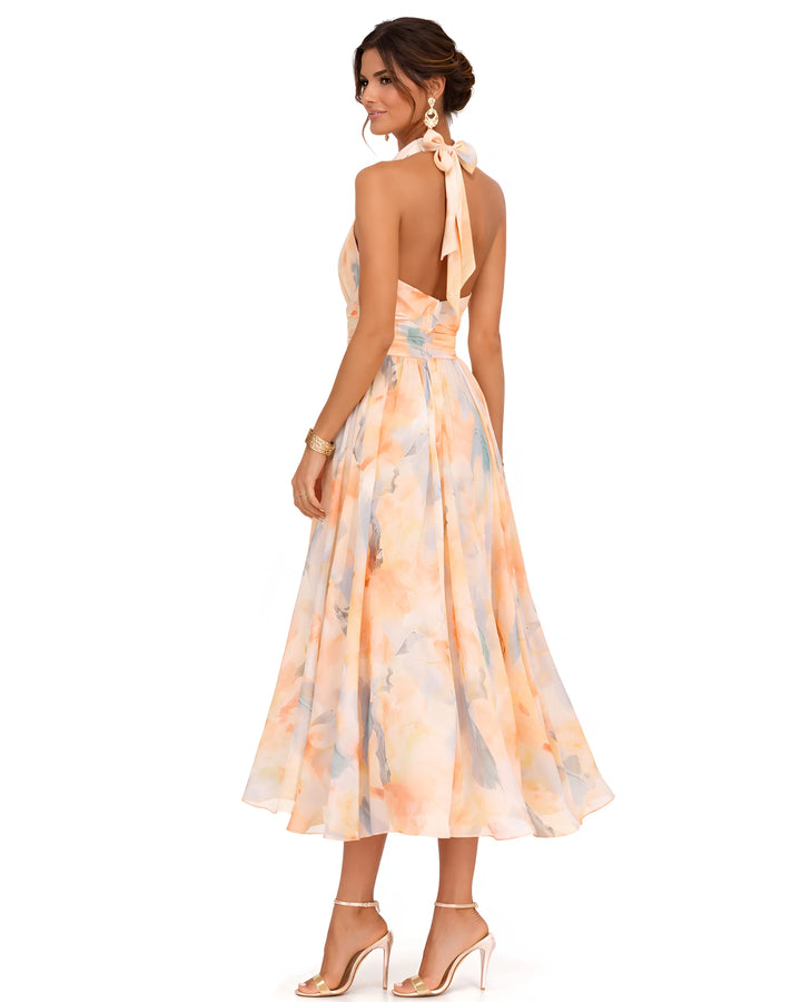 Women's Flowy Elegant Maxi Wedding Guest Dress with Halter Neck