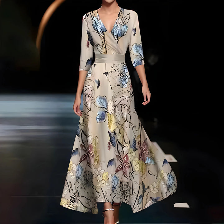Women's Flowy Floral Maxi Wedding Guest Dress with V-Neck