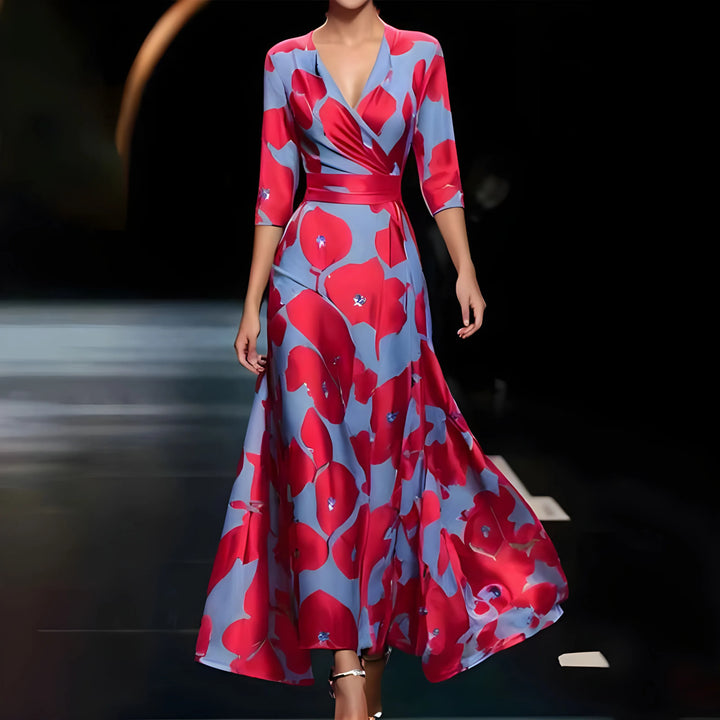 Women's Flowy Floral Maxi Wedding Guest Dress with V-Neck