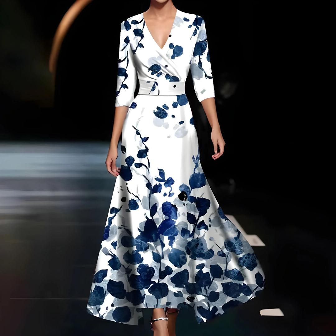 Women's Flowy Floral Maxi Wedding Guest Dress with V-Neck