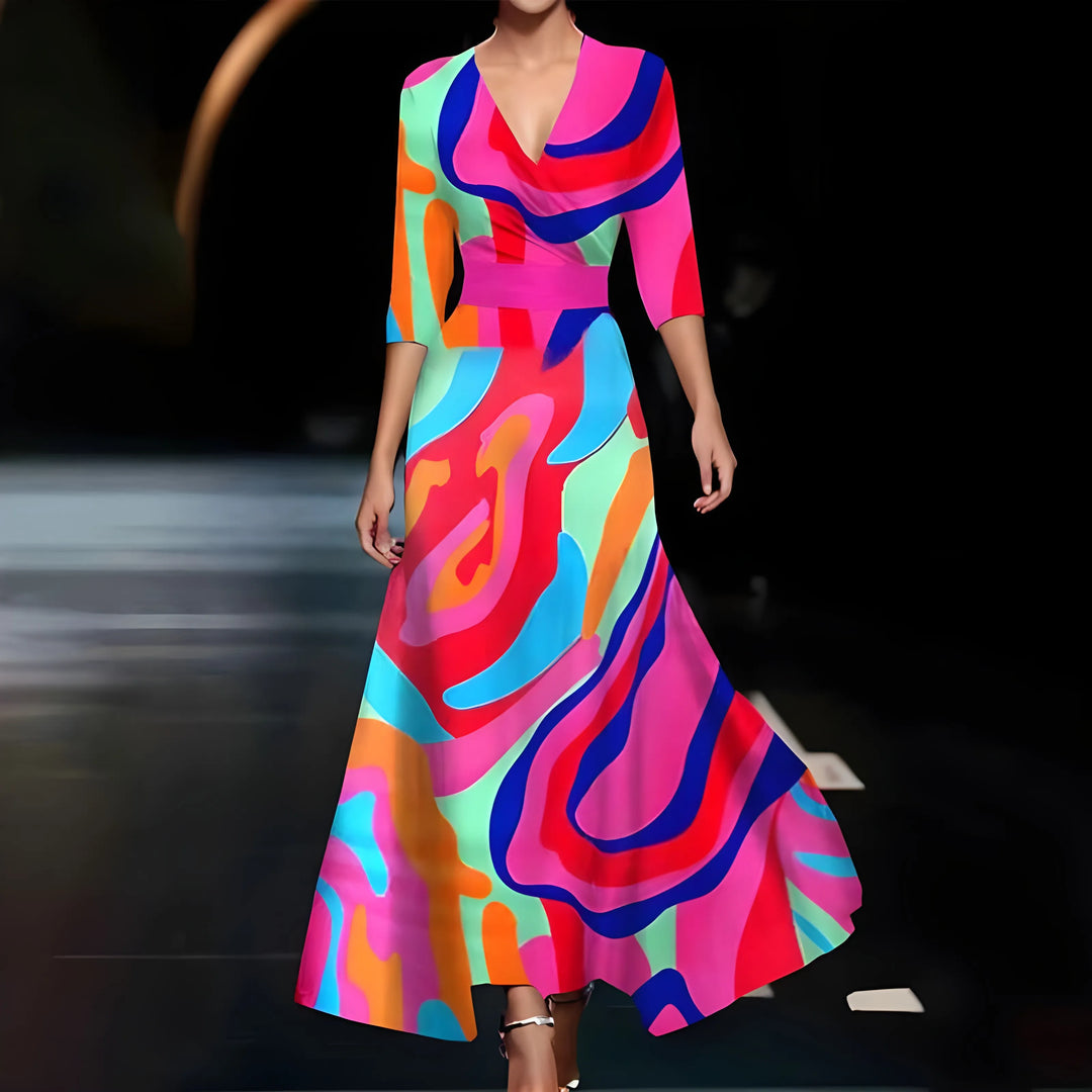 Women's Flowy Floral Maxi Wedding Guest Dress with V-Neck