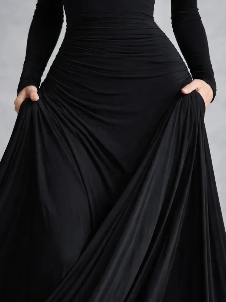 Women's Flowy Long Sleeve Maxi Wedding Guest Dress with Boat Neck