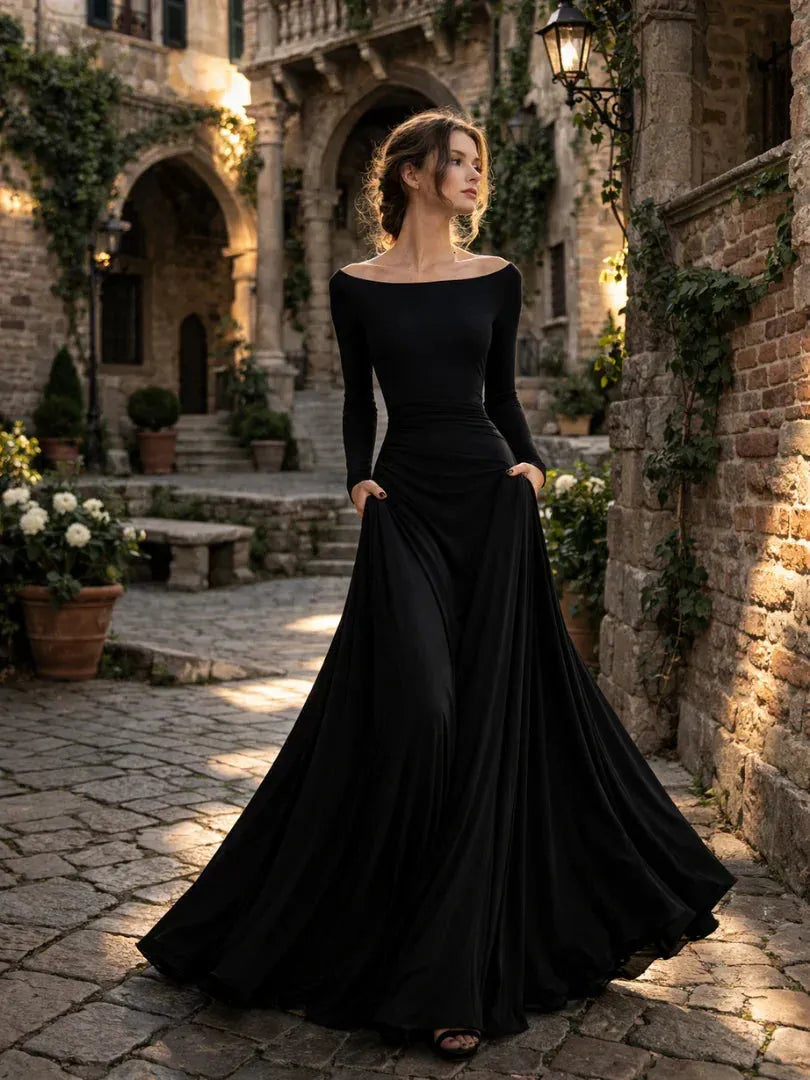 Women's Flowy Long Sleeve Maxi Wedding Guest Dress with Boat Neck