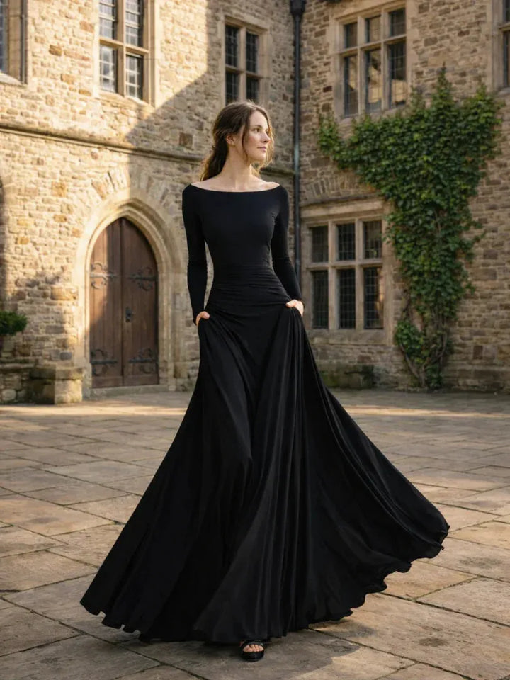 Women's Flowy Long Sleeve Maxi Wedding Guest Dress with Boat Neck