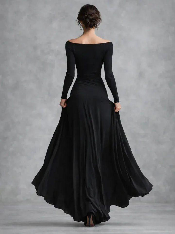 Women's Flowy Long Sleeve Maxi Wedding Guest Dress with Boat Neck