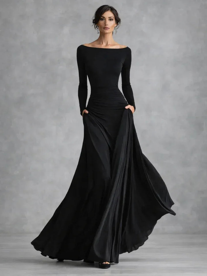 Women's Flowy Long Sleeve Maxi Wedding Guest Dress with Boat Neck