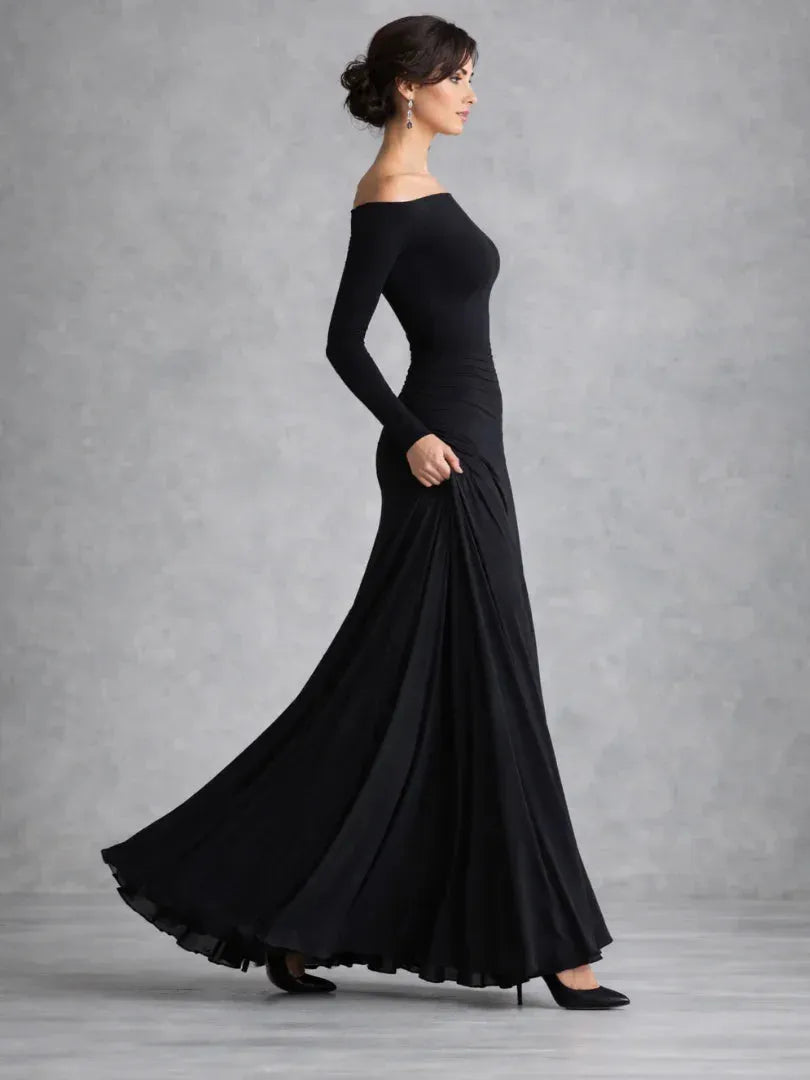 Women's Flowy Long Sleeve Maxi Wedding Guest Dress with Boat Neck