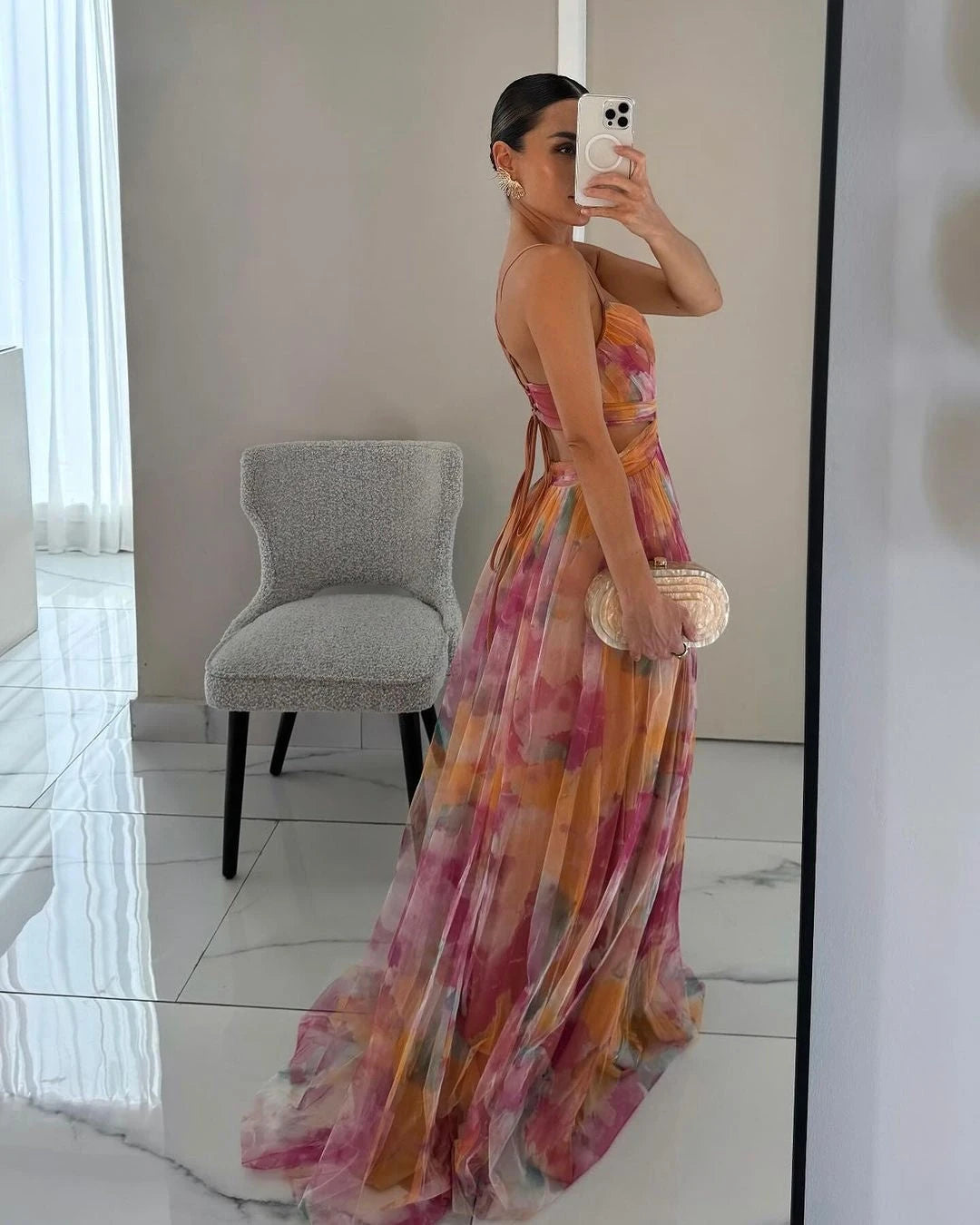 Women's Flowy Maxi Wedding Guest Dress with Open Back