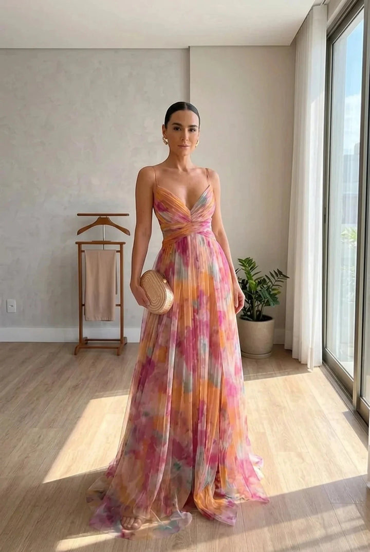 Women's Flowy Maxi Wedding Guest Dress with Open Back