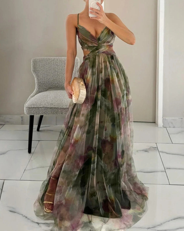 Women's Flowy Maxi Wedding Guest Dress with Open Back