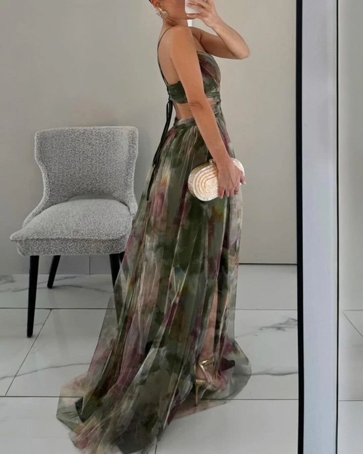 Women's Flowy Maxi Wedding Guest Dress with Open Back