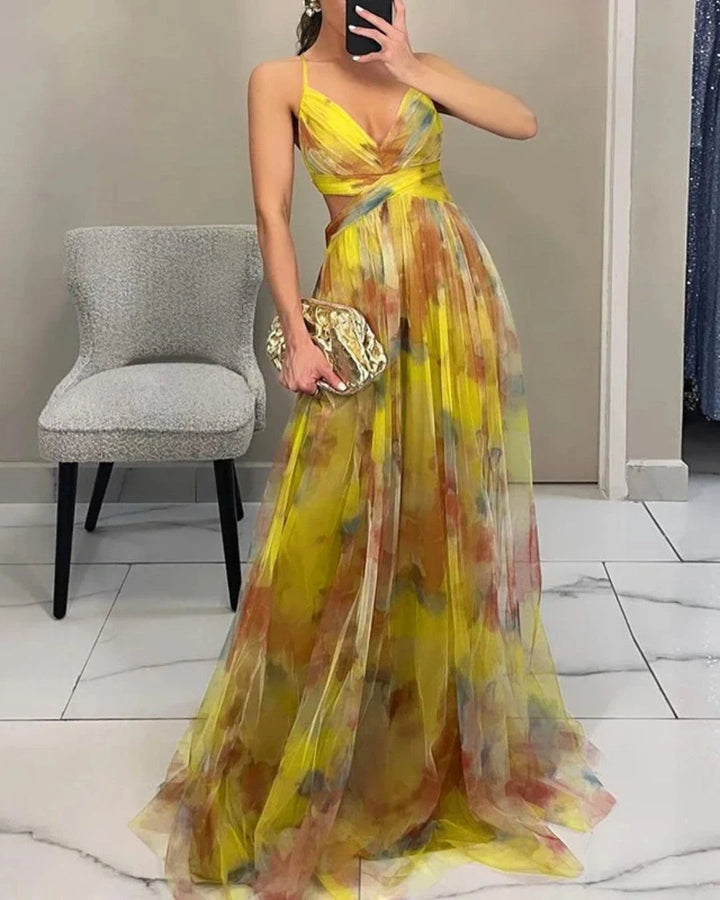 Women's Flowy Maxi Wedding Guest Dress with Open Back