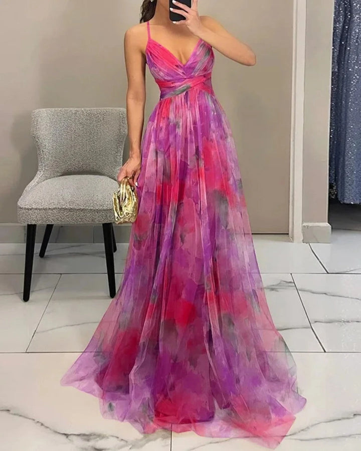Women's Flowy Maxi Wedding Guest Dress with Open Back