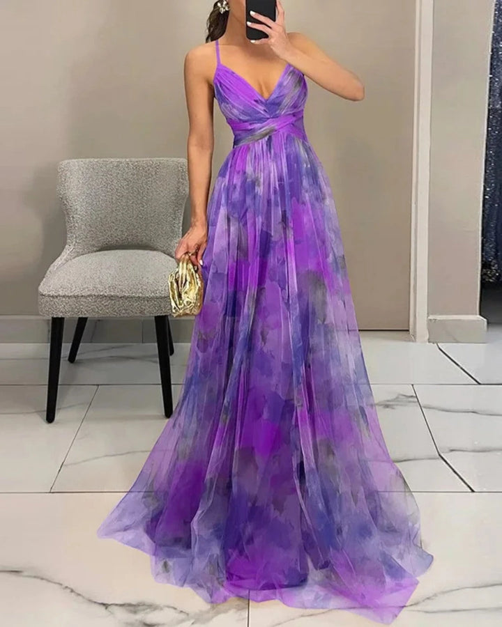 Women's Flowy Maxi Wedding Guest Dress with Open Back