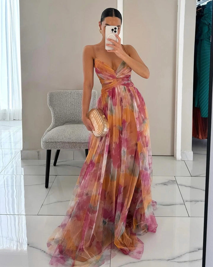 Women's Flowy Maxi Wedding Guest Dress with Open Back