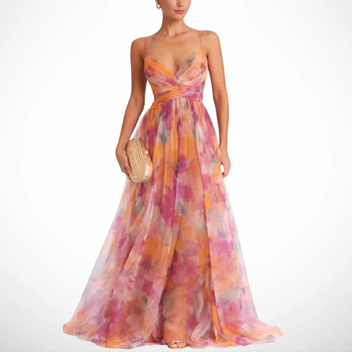 Women's Flowy Maxi Wedding Guest Dress with Open Back