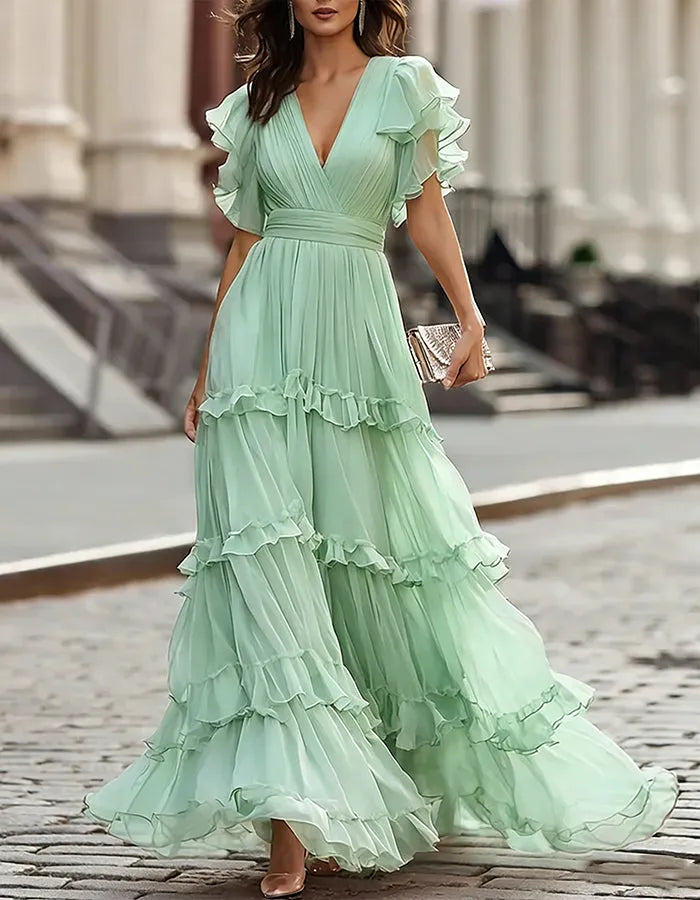 Women's Flowy Ruffle Maxi Wedding Guest Dress with V-Neck