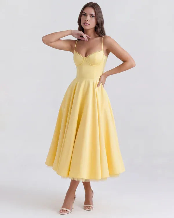Women's Flowy Sleeveless Midi Wedding Guest Dress with Sweetheart Neckline