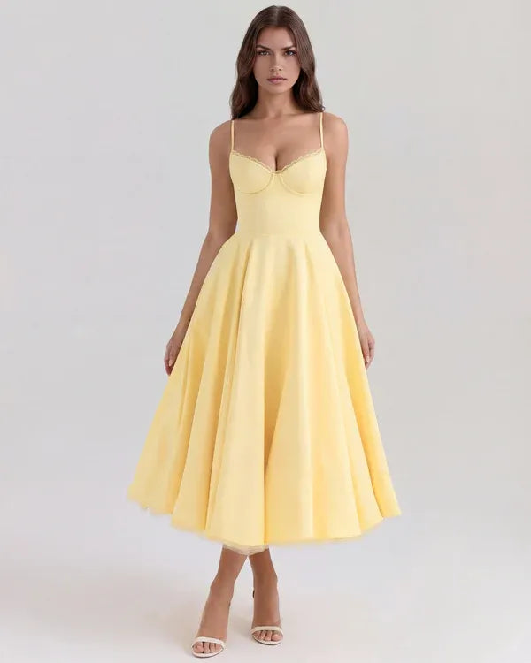 Women's Flowy Sleeveless Midi Wedding Guest Dress with Sweetheart Neckline