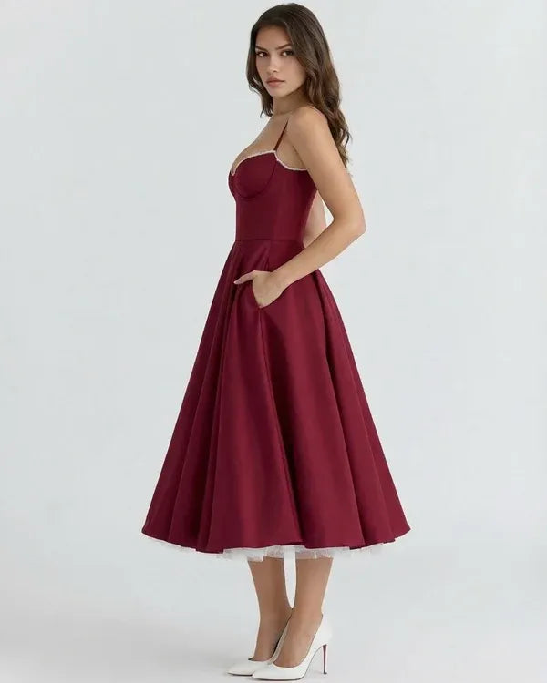 Women's Flowy Sleeveless Midi Wedding Guest Dress with Sweetheart Neckline