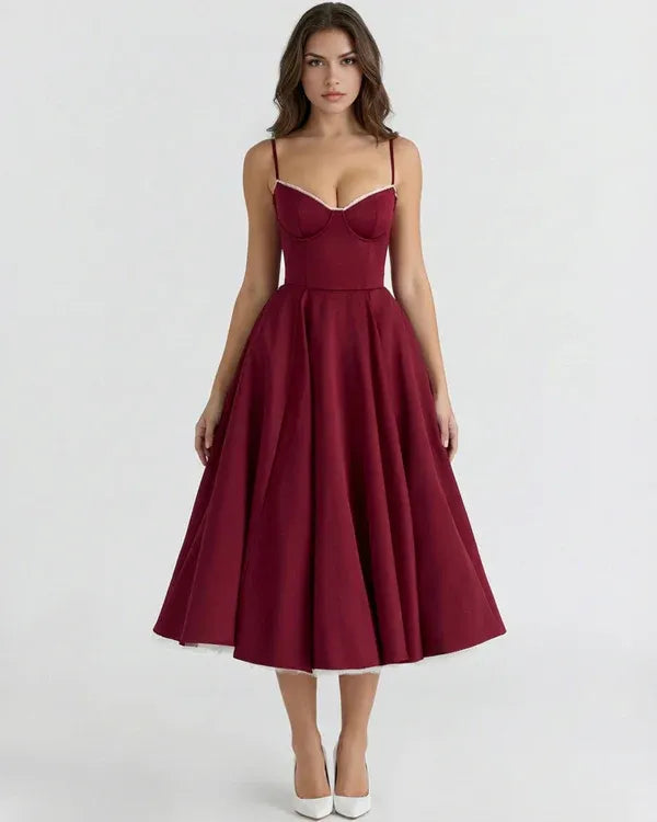 Women's Flowy Sleeveless Midi Wedding Guest Dress with Sweetheart Neckline