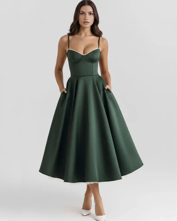Women's Flowy Sleeveless Midi Wedding Guest Dress with Sweetheart Neckline