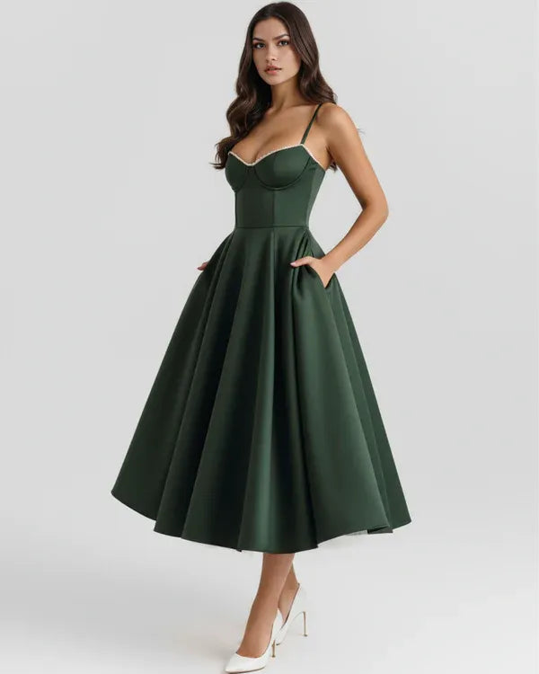 Women's Flowy Sleeveless Midi Wedding Guest Dress with Sweetheart Neckline
