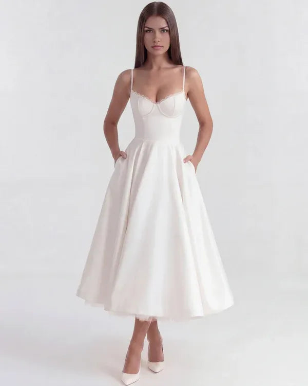 Women's Flowy Sleeveless Midi Wedding Guest Dress with Sweetheart Neckline