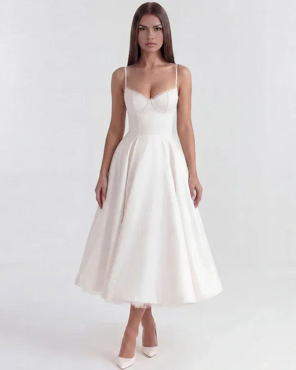 Women's Flowy Sleeveless Midi Wedding Guest Dress with Sweetheart Neckline
