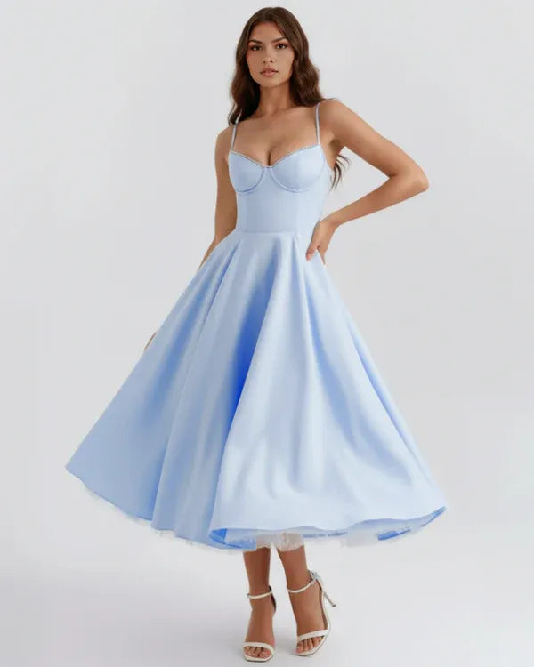 Women's Flowy Sleeveless Midi Wedding Guest Dress with Sweetheart Neckline